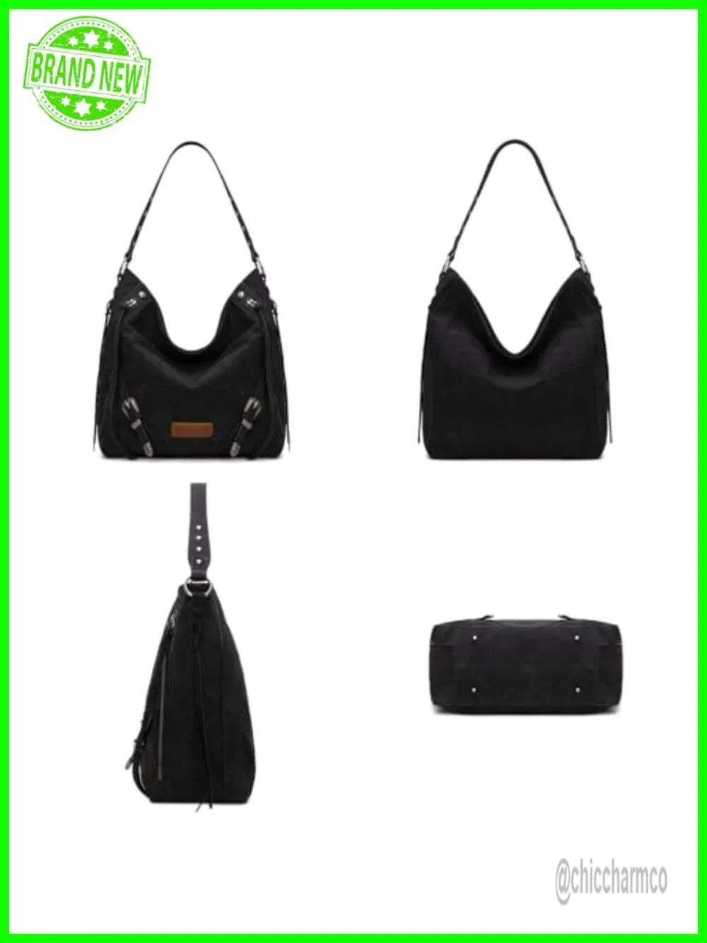 Large Hobo Purse with Buckle and Fringe Faux Suede Shoulder Bag